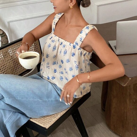 Blue And White Casual Women's Woven Jacquard Ruffle Hem Camisole - Picture 1 of 6